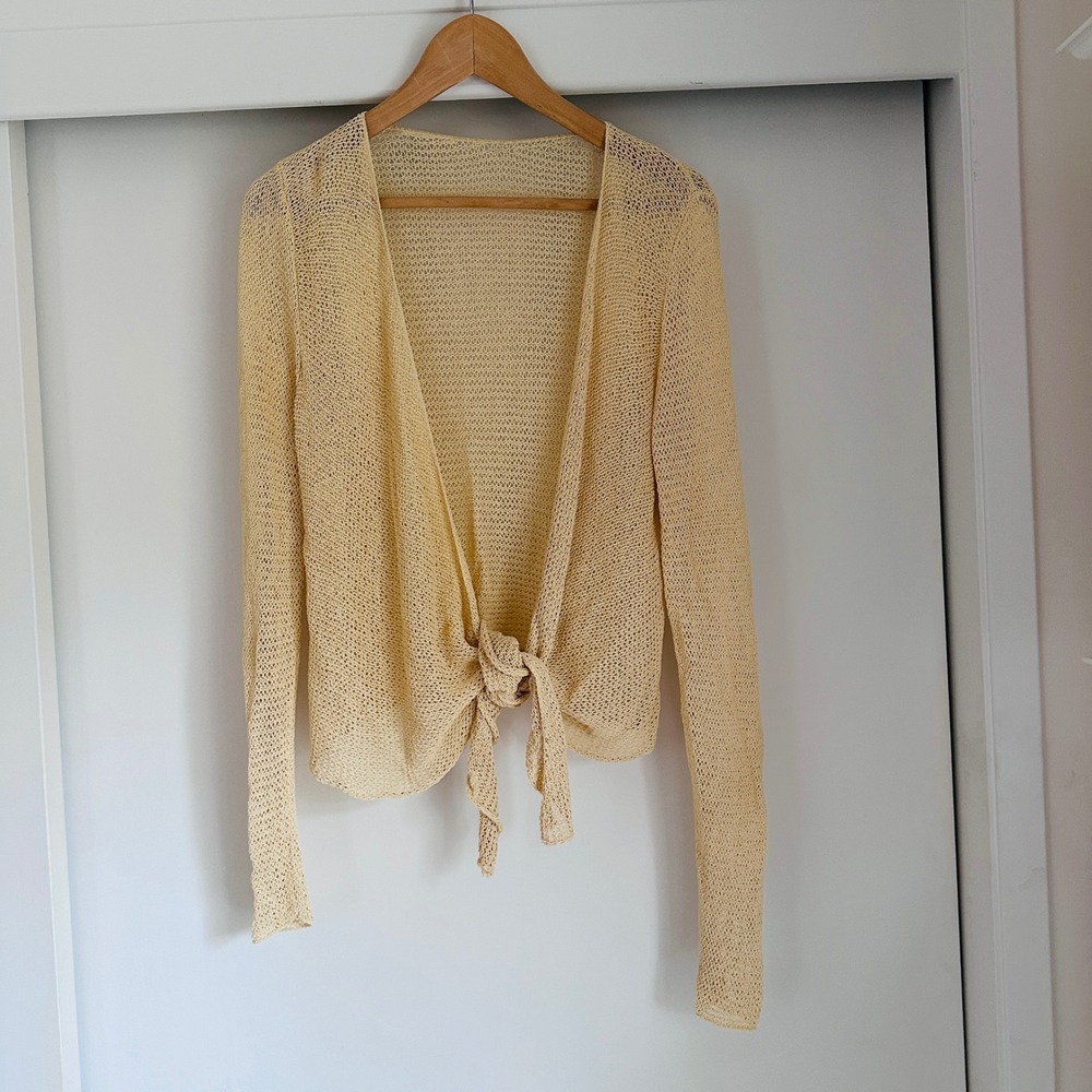 Vintage Margaret O'Leary Yellow Pointelle Knit Tie Front Cardigan Shrug Small